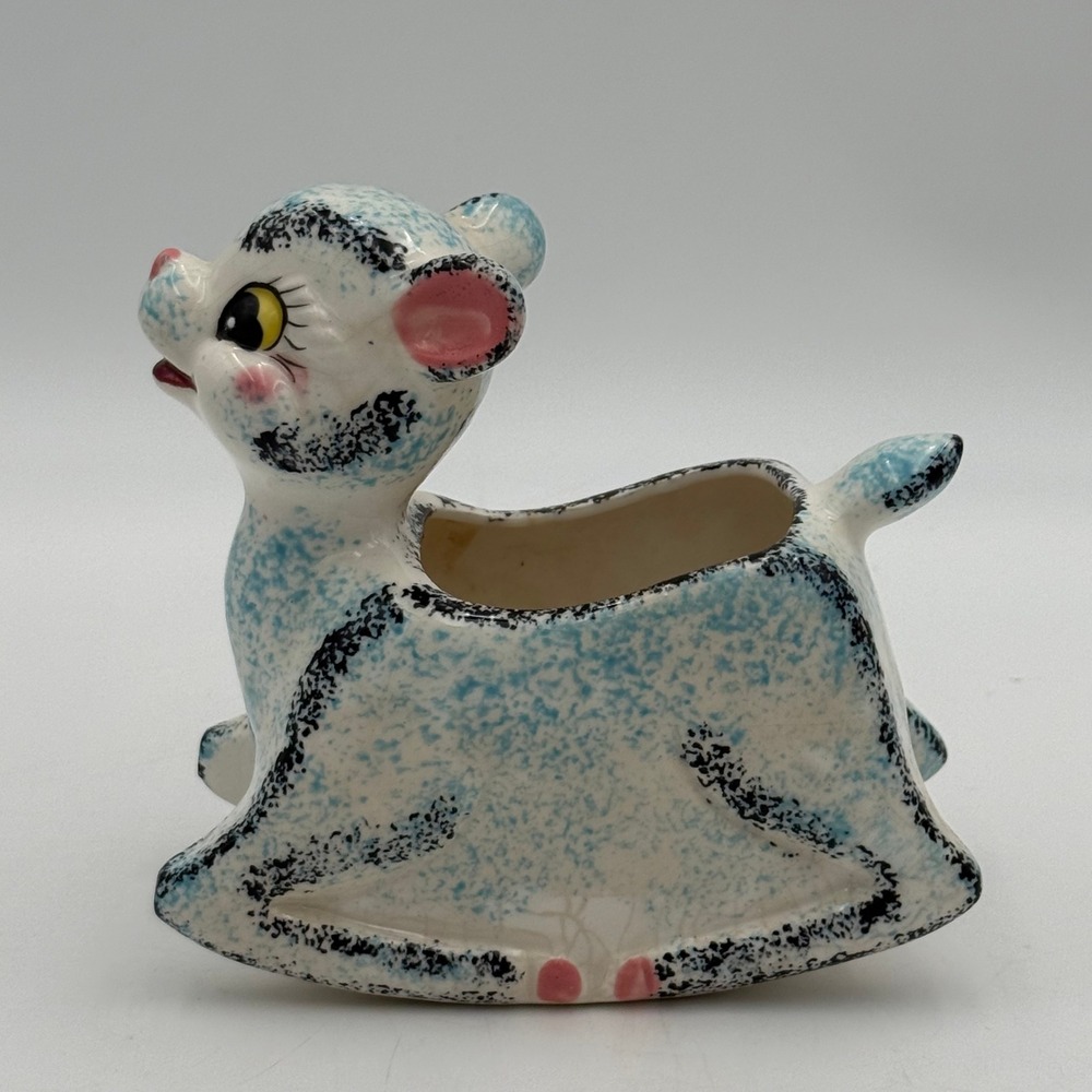 Vintage Japan Ceramic Rocking Fawn Planter Blue Splatter Deer Mid Century Decor